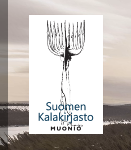 Logo for Suomen Kalakirjasto Muonio featuring a stylized fish skeleton on a natural landscape background.