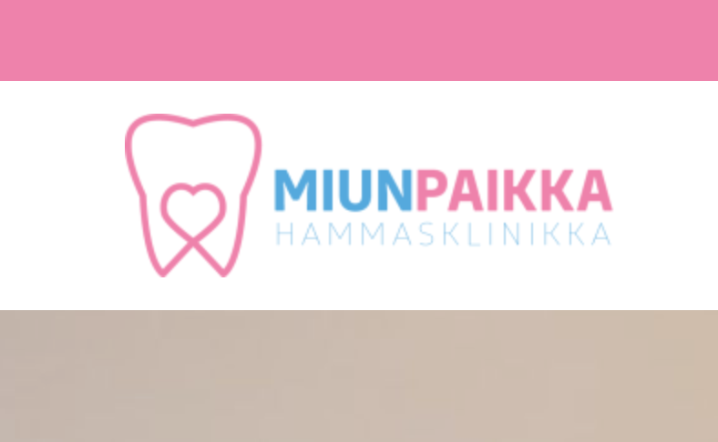 Logo of Miunpaikka Hammasklinikka with a pink heart inside an outline of a tooth, and pink and blue text on a white background.