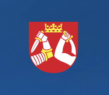 Coat of arms with a crowned red shield featuring two arms, one armored holding a sword and the other white holding a broken piece of a sword or dagger, on a blue background.