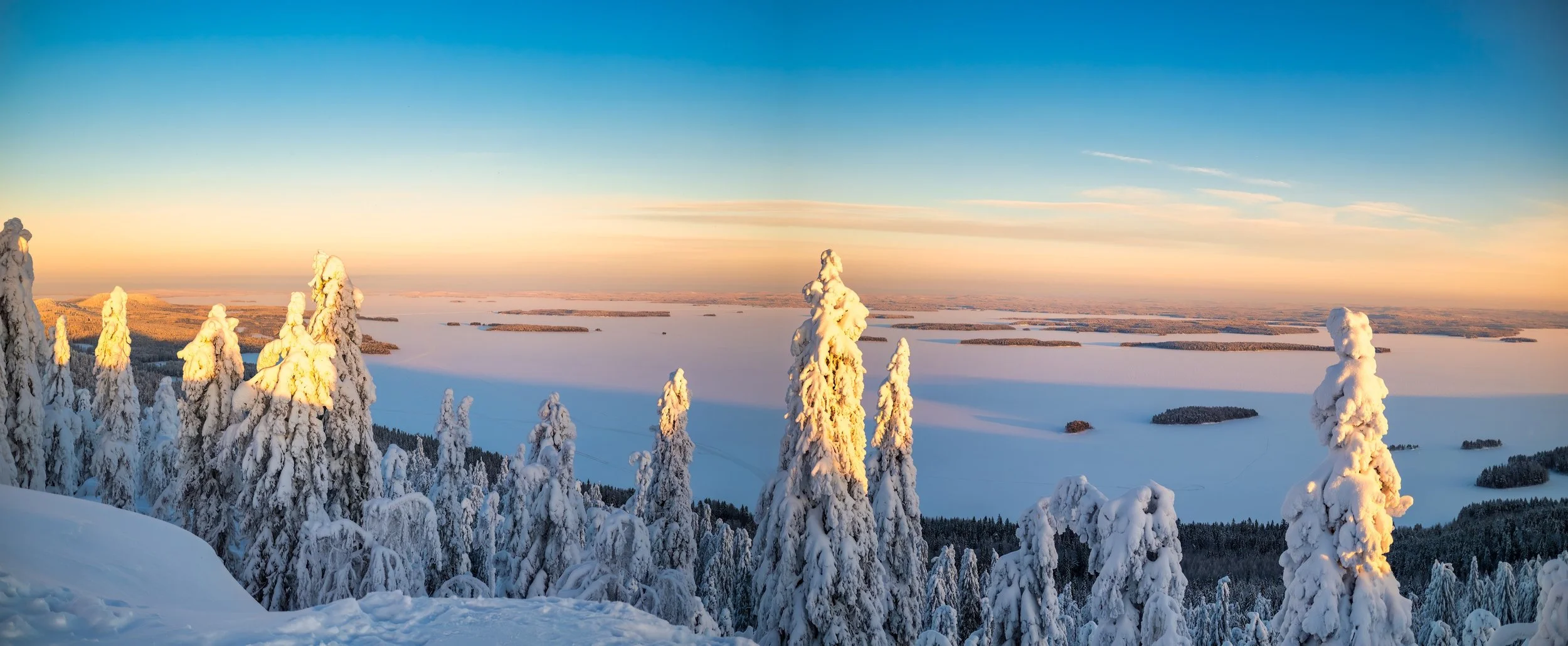 Snow-covered trees on a mountain overlook at sunset, with a view of a frozen lake and distant islands under a clear sky.