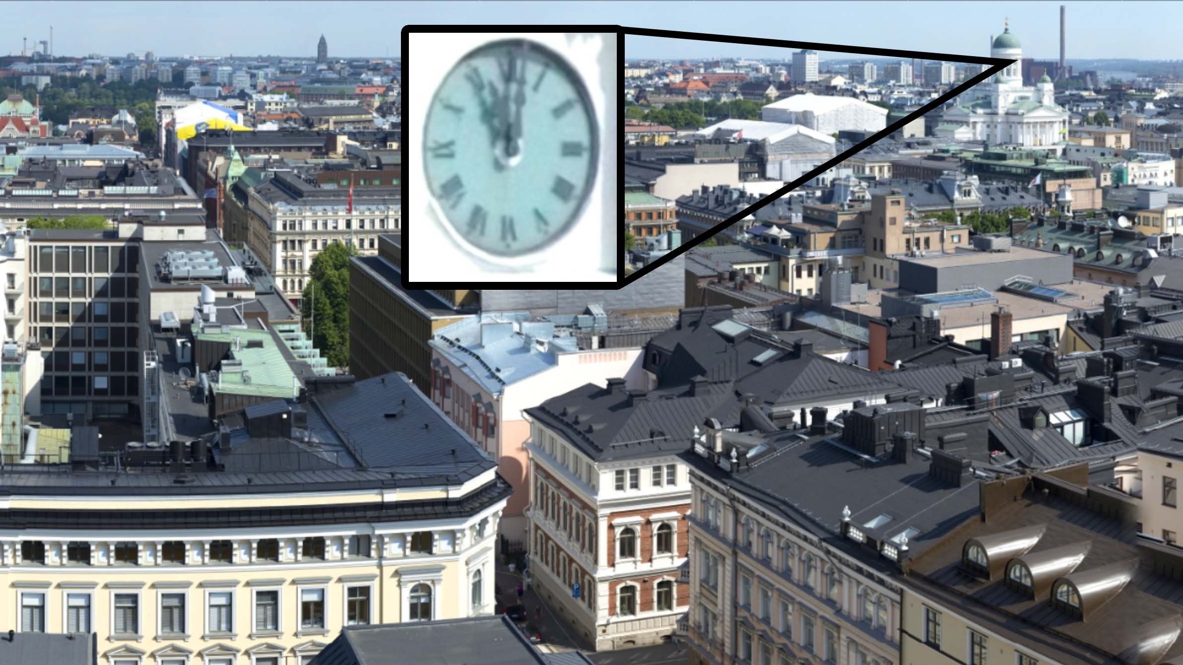 A panoramic cityscape view showing various buildings with different architectural styles. An inset box with a clock pointing to 11:59 is zoomed in on the upper left part of the scene, connected with a black outline.