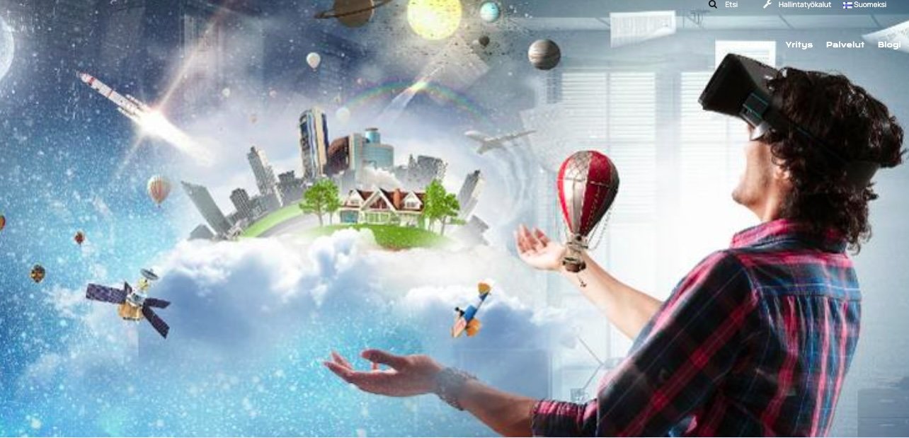 Person wearing virtual reality headset interacting with floating virtual cityscape and planets.