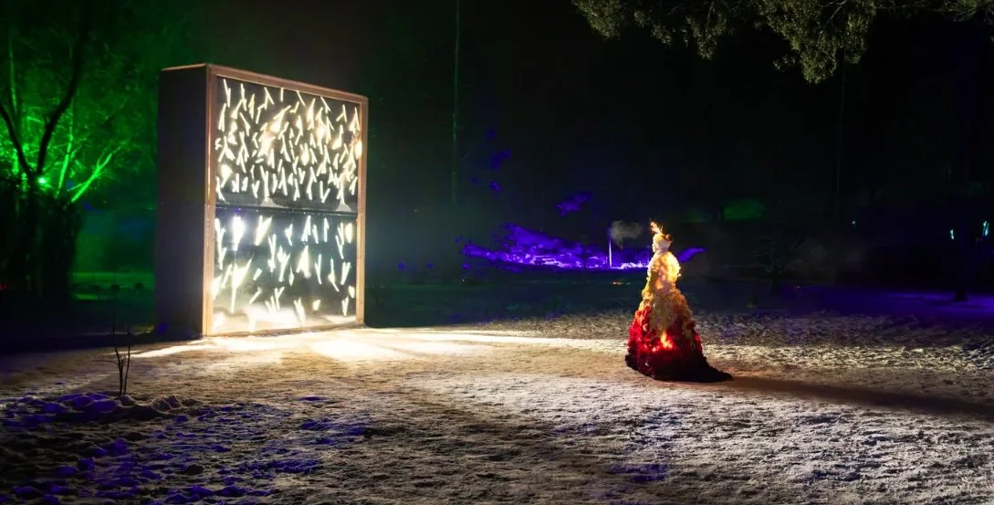 Outdoor art installation at night with illuminated panel and person in elaborate dress on snow-covered ground.
