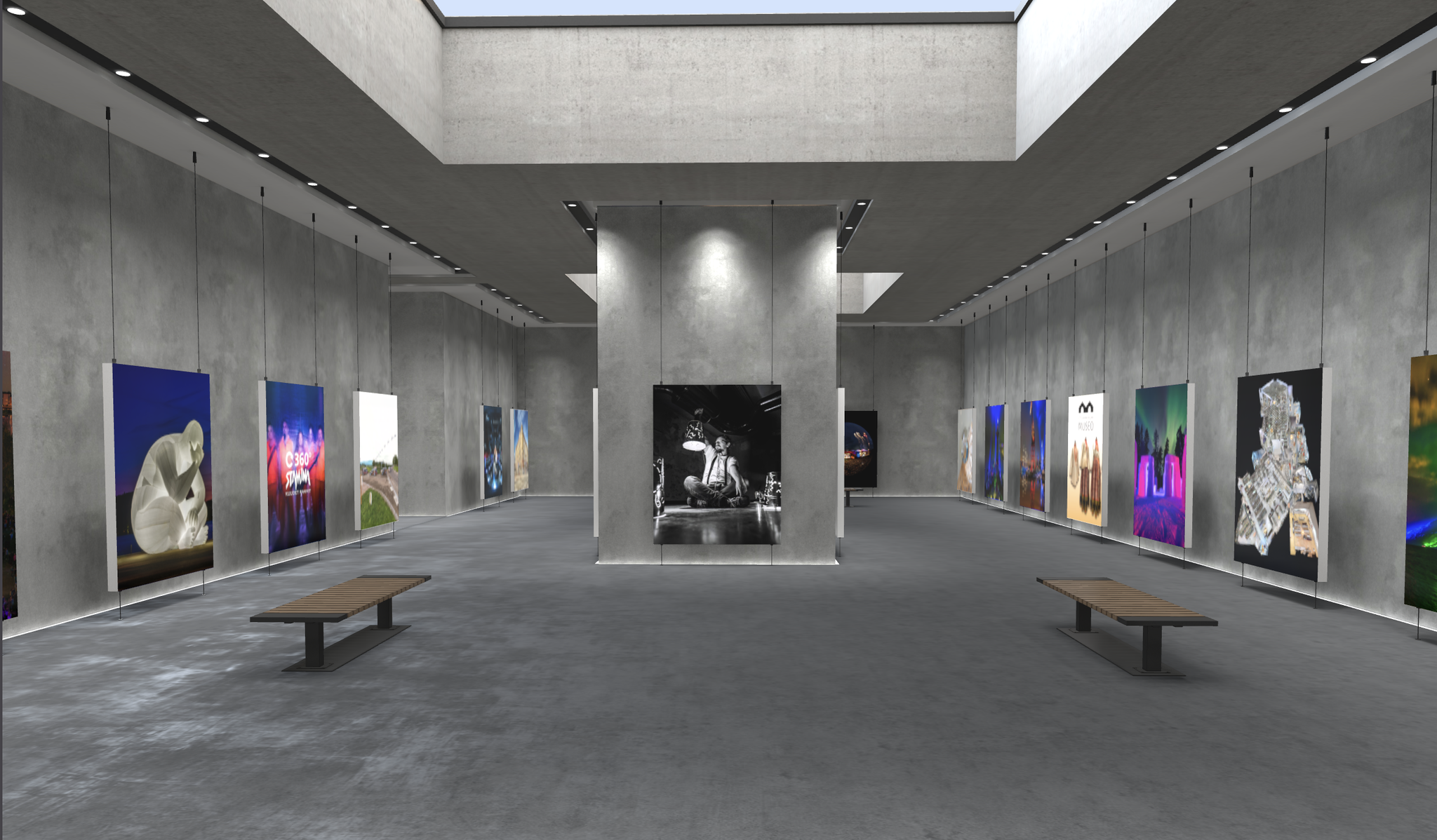 Modern art gallery interior with various colorful artworks on concrete walls and benches