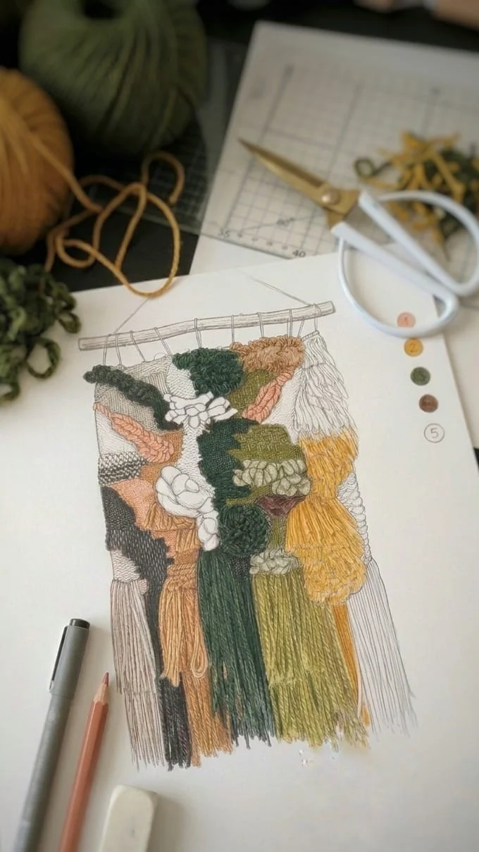 A detailed embroidery design of a yarn wall hanging with skeins of yarn hanging from a rod, colored in shades of black, peach, green, beige, and yellow, surrounded by yarn bundles, scissors, and drawing tools on a table.