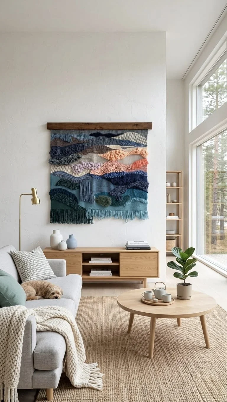 Living room with a beige sofa, a small dog lying on it, a cream-colored blanket, a round wooden coffee table with a tray of cups, a potted plant, a light wood sideboard with vases and books, a colorful woven wall hanging, a window with trees outside,