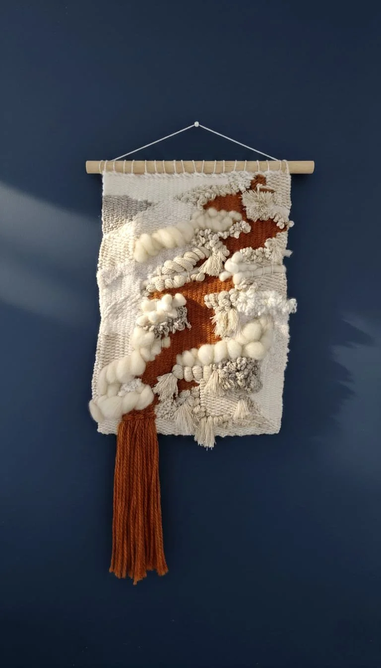 Textured wall hanging with yarn and fabric in white, cream, and rust colors, suspended on a wooden rod against a dark blue wall.