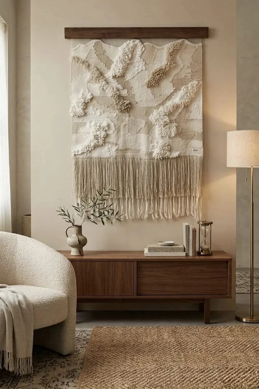 Decorative wall hanging with textured, three-dimensional cream-colored shapes and fringe at the bottom, hung on a wall above a wooden sideboard with vases, books, and a lamp in a cozy, neutral-toned living room.