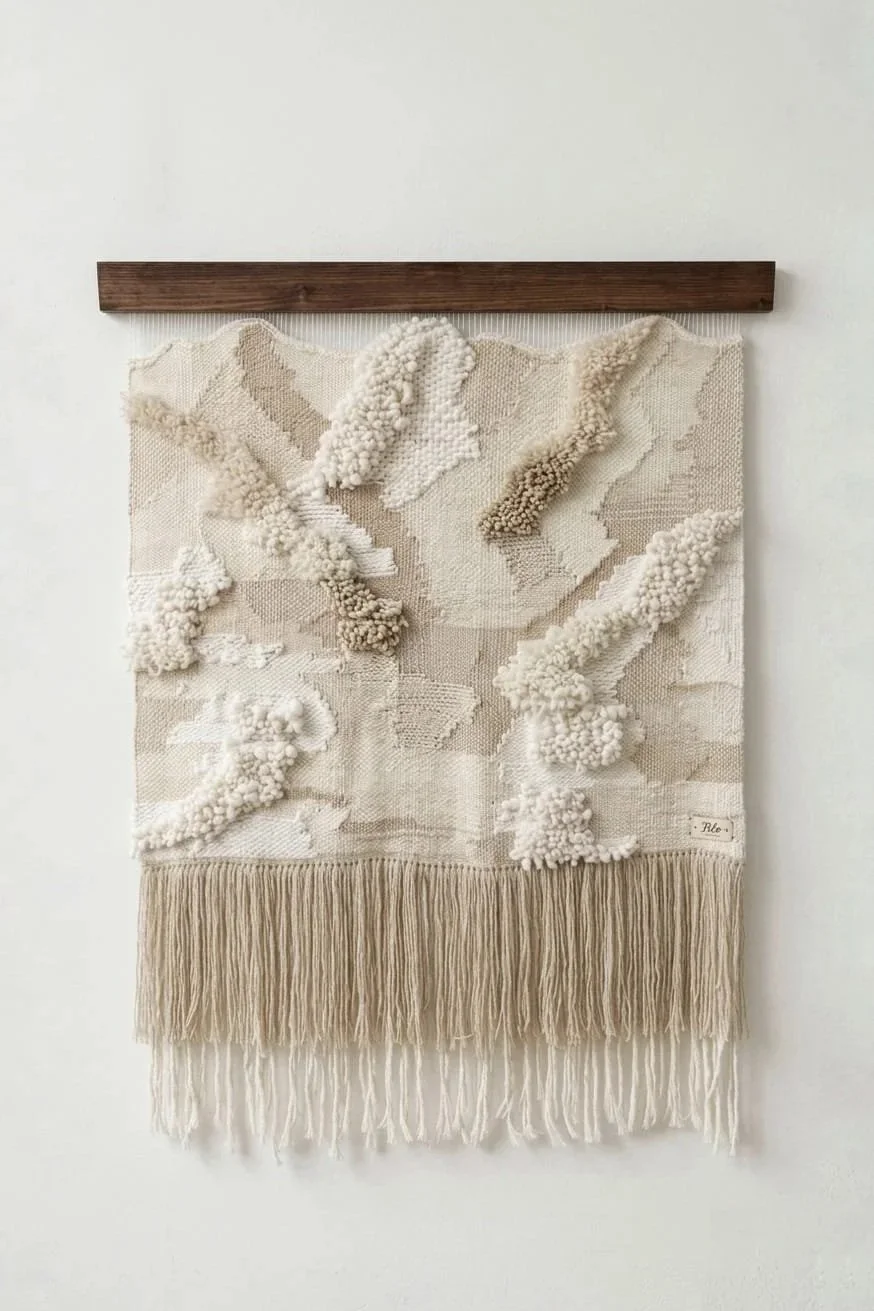 A textured beige wall hanging with fringes at the bottom, decorative pom-pom accents, and a wooden rod at the top, displayed against a white wall.