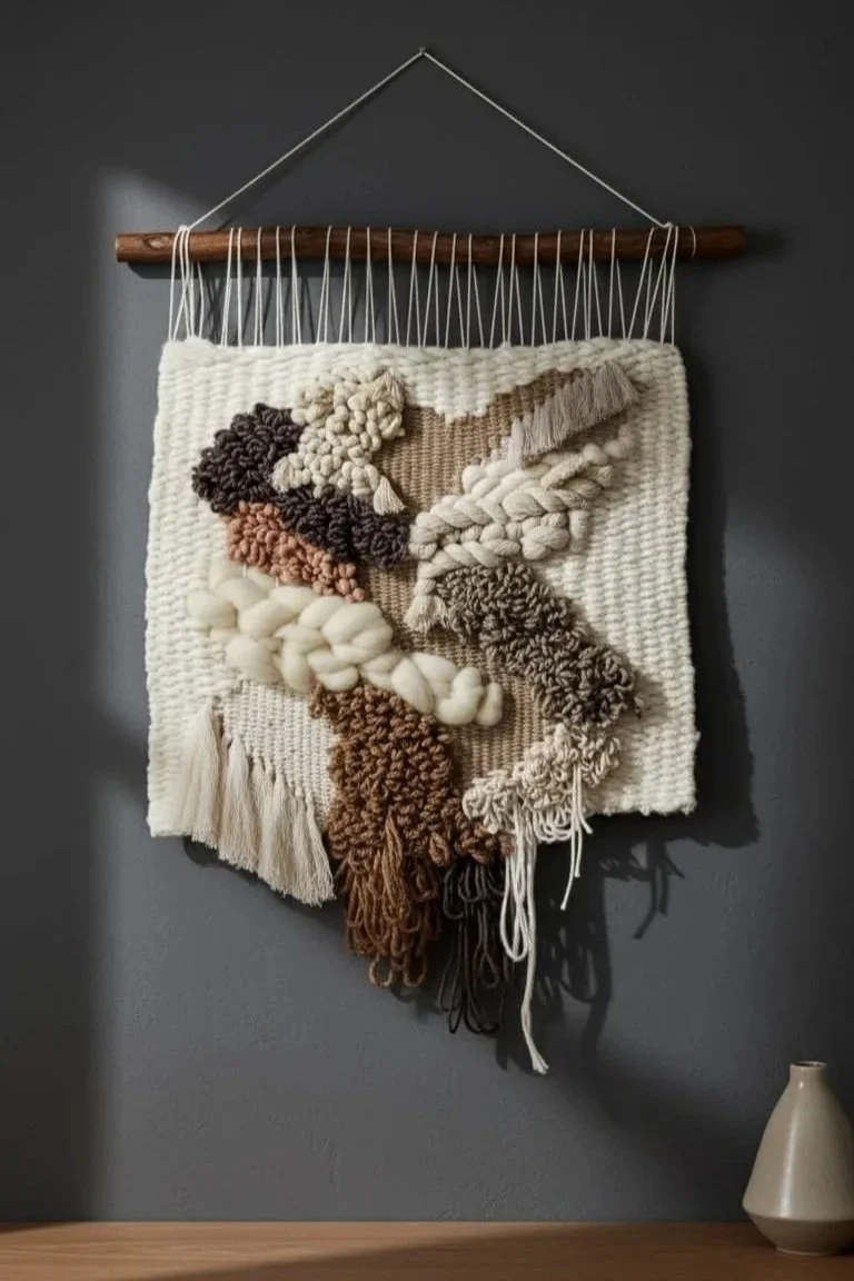 Textured woven wall hanging with various thick yarns and fringe, displayed on a dark gray wall above a wooden shelf with a cream-colored vase.