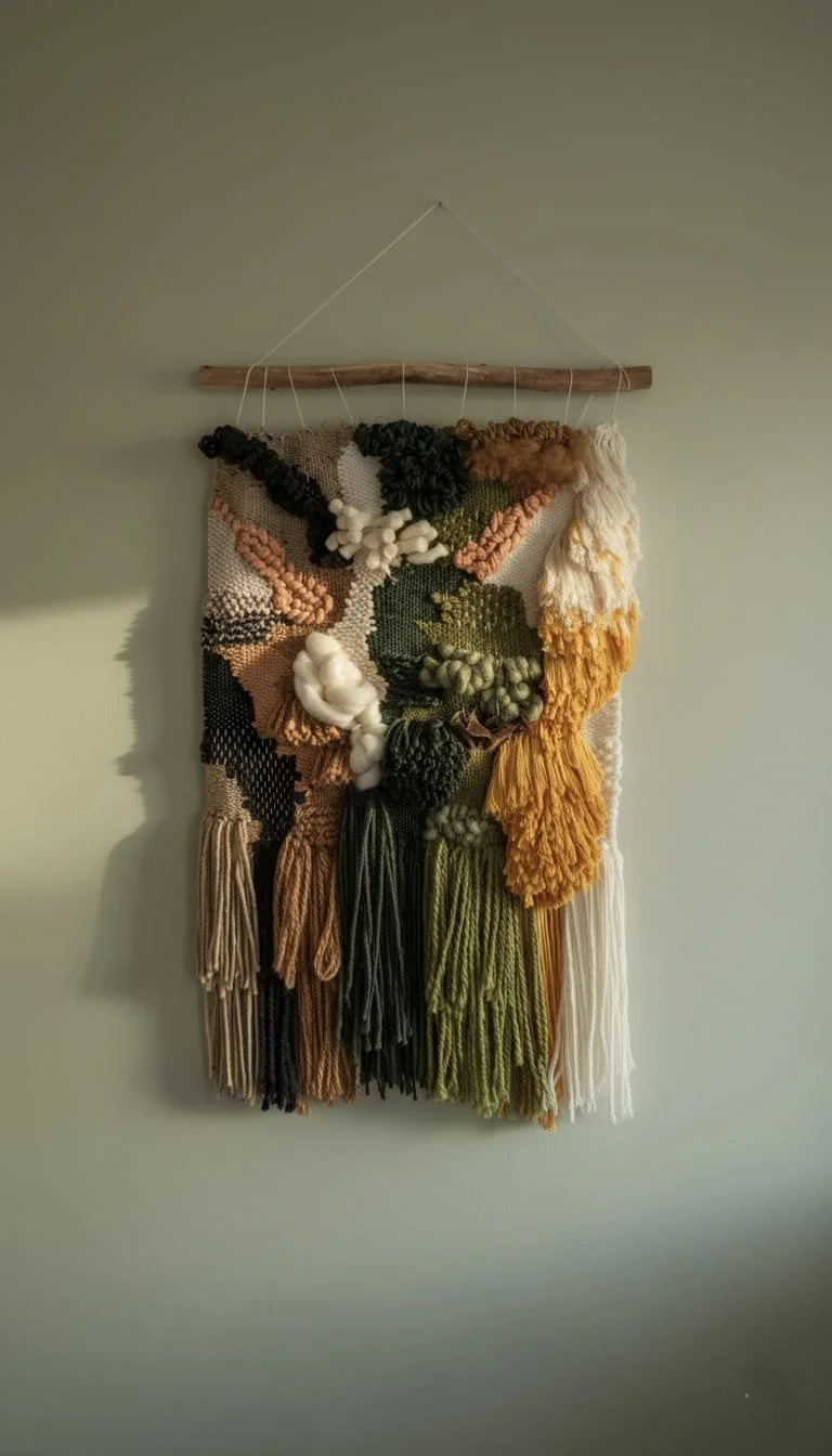 Colorful and organic shaped woven textile art hanging on a wall with a wooden dowel at the top.