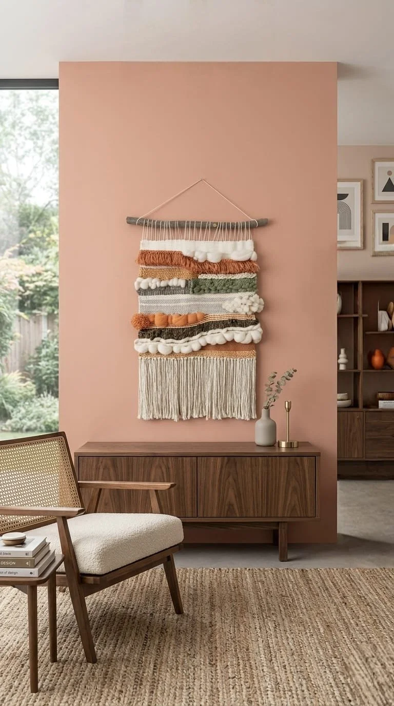 Decorative woven wall hanging on a pink wall in a living room, with a mid-century modern wooden sideboard underneath, a cream armchair with a wooden frame to the left, a small side table with books, and a beige rug on the floor.