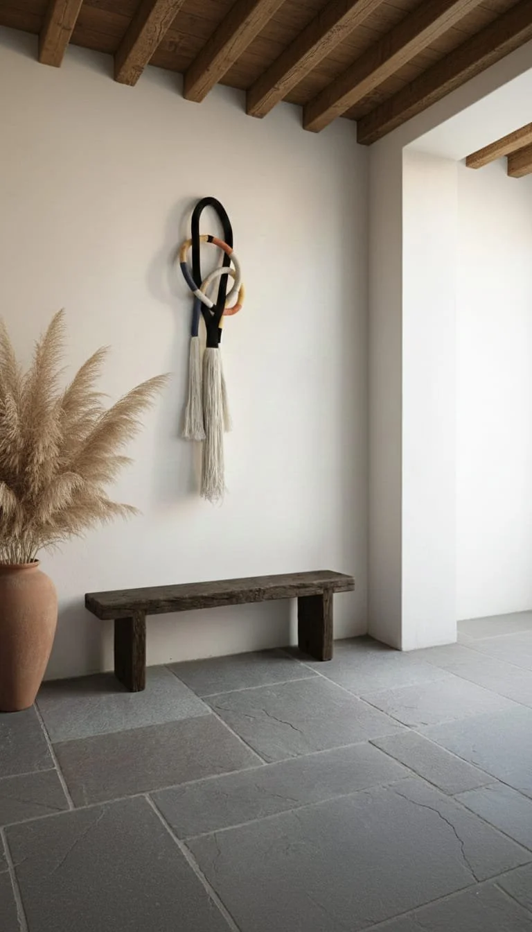 Interior space with a wooden ceiling, a white wall, a rustic wooden bench, a large clay pot with pampas grass, and a decorative loop sculpture on the wall.