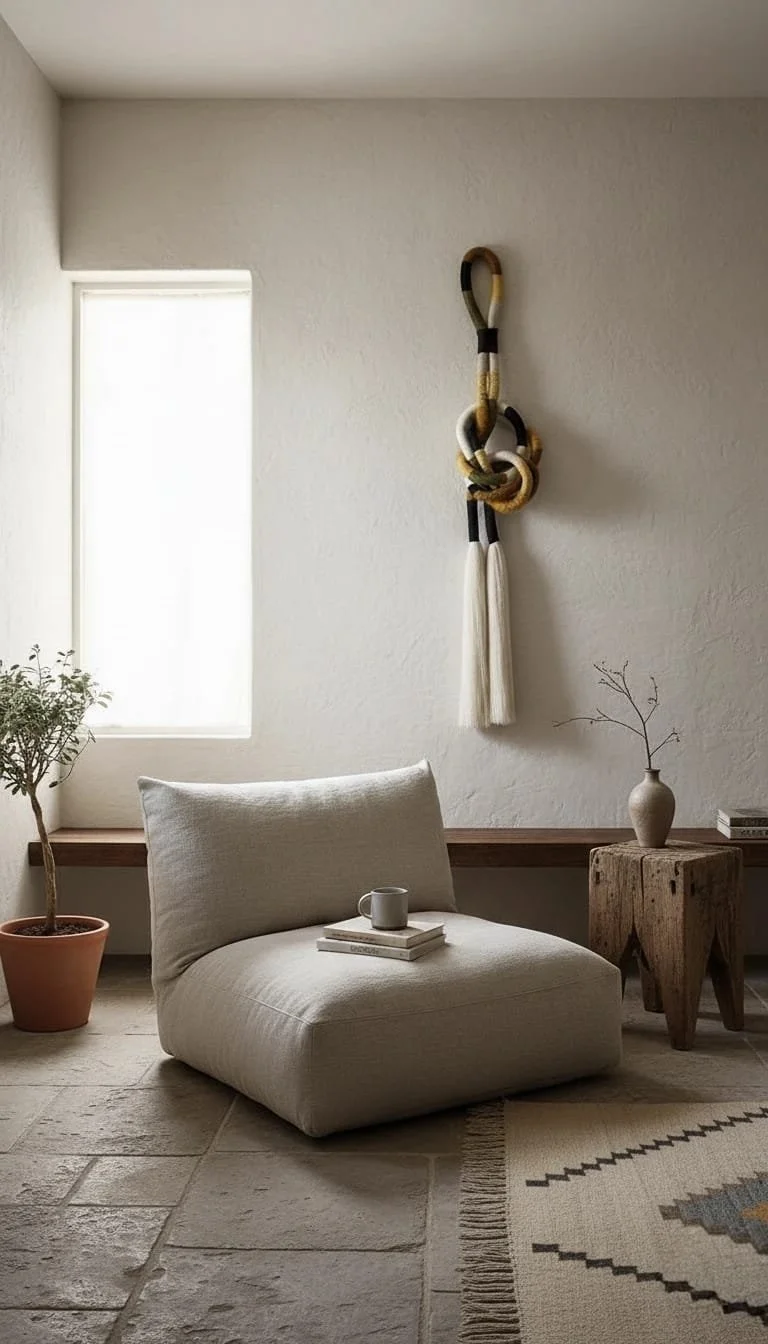 A cozy corner of a room with a beige armchair with a pillow, a small stack of books, and a cup on top. To the left, a potted plant is on the floor. On the right, a wooden side table with a vase holding a branch. The wall features a decorative hanging