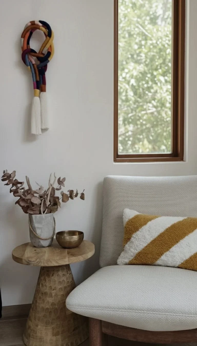 Interior corner of a bedroom with a light-colored upholstered bed, a textured mustard-yellow and white pillow, a small wooden side table with a vase of dried flowers and a brass bowl, a window showing greenery outside, and a colorful braided wall han