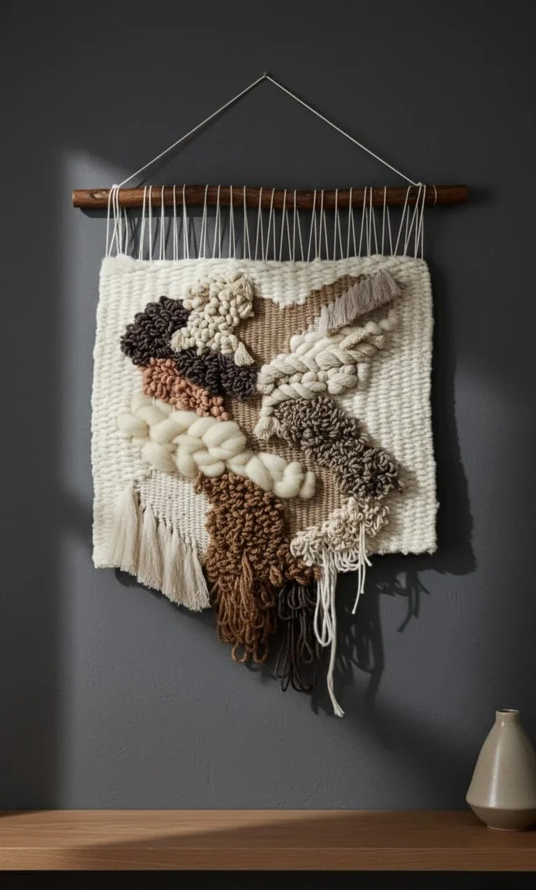 Textured woven wall hanging with various thick yarns and fringe, displayed on a dark gray wall above a wooden shelf with a cream-colored vase.