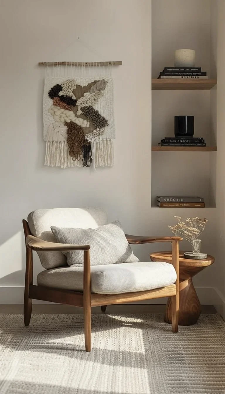 A cozy corner with a wooden armchair, light gray pillows, a small side table with dried flowers, a wall hanging with textured yarn art, and three open shelves with books and decorative items.