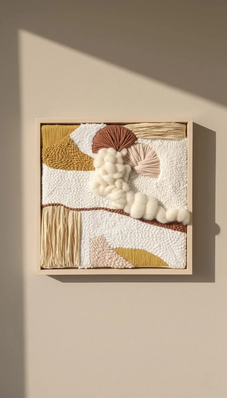 Textured abstract wall art in mixed techniques: punch needle, embroidery and weaving, arranged in a square wooden frame, mounted on a beige wall. 