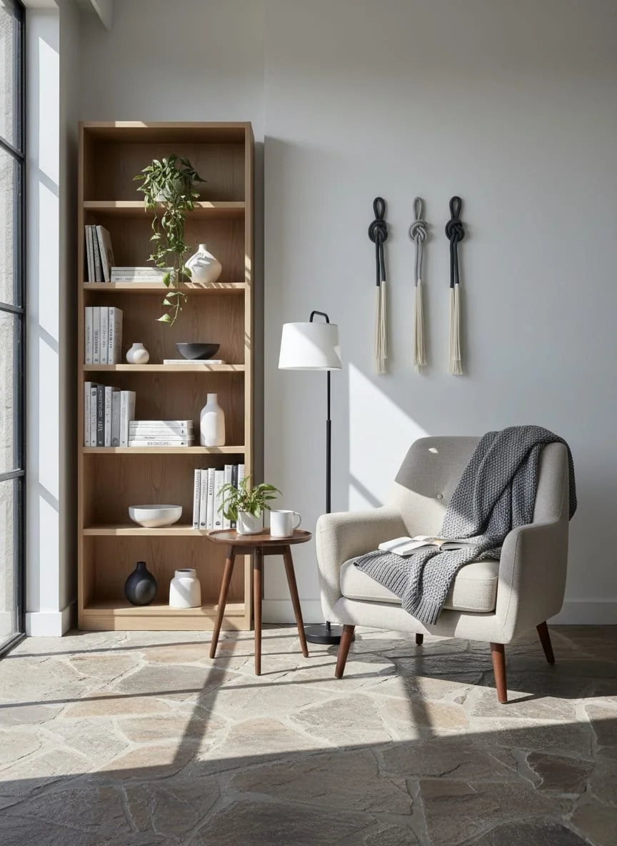 A cozy reading nook with a beige armchair with a gray throw blanket and an open book, a wooden side table with a plant and a mug, a tall wooden bookshelf with decorative items and books, a white floor lamp, and three wall hangings with knotted cords 