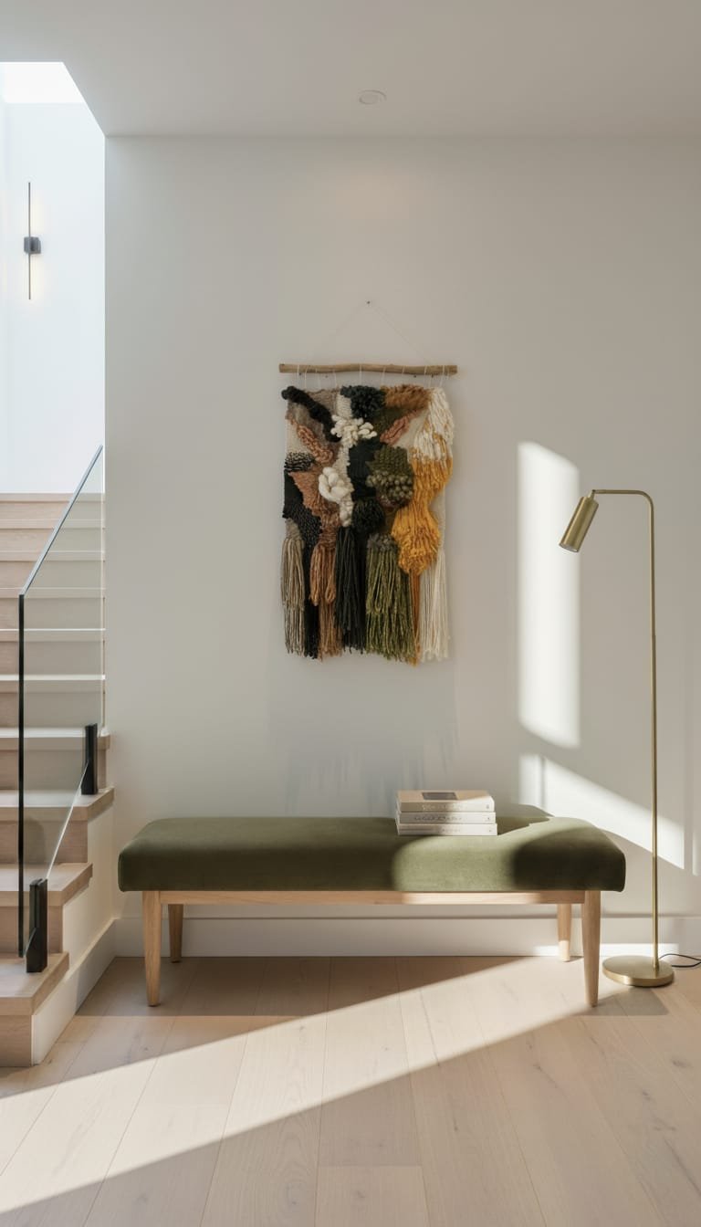 A contemporary interior with a staircase on the left, a wall hanging textile art piece in the center, a green upholstered bench with a stack of books on top, and a tall, slim gold floor lamp with a curved neck on the right, all illuminated by natural