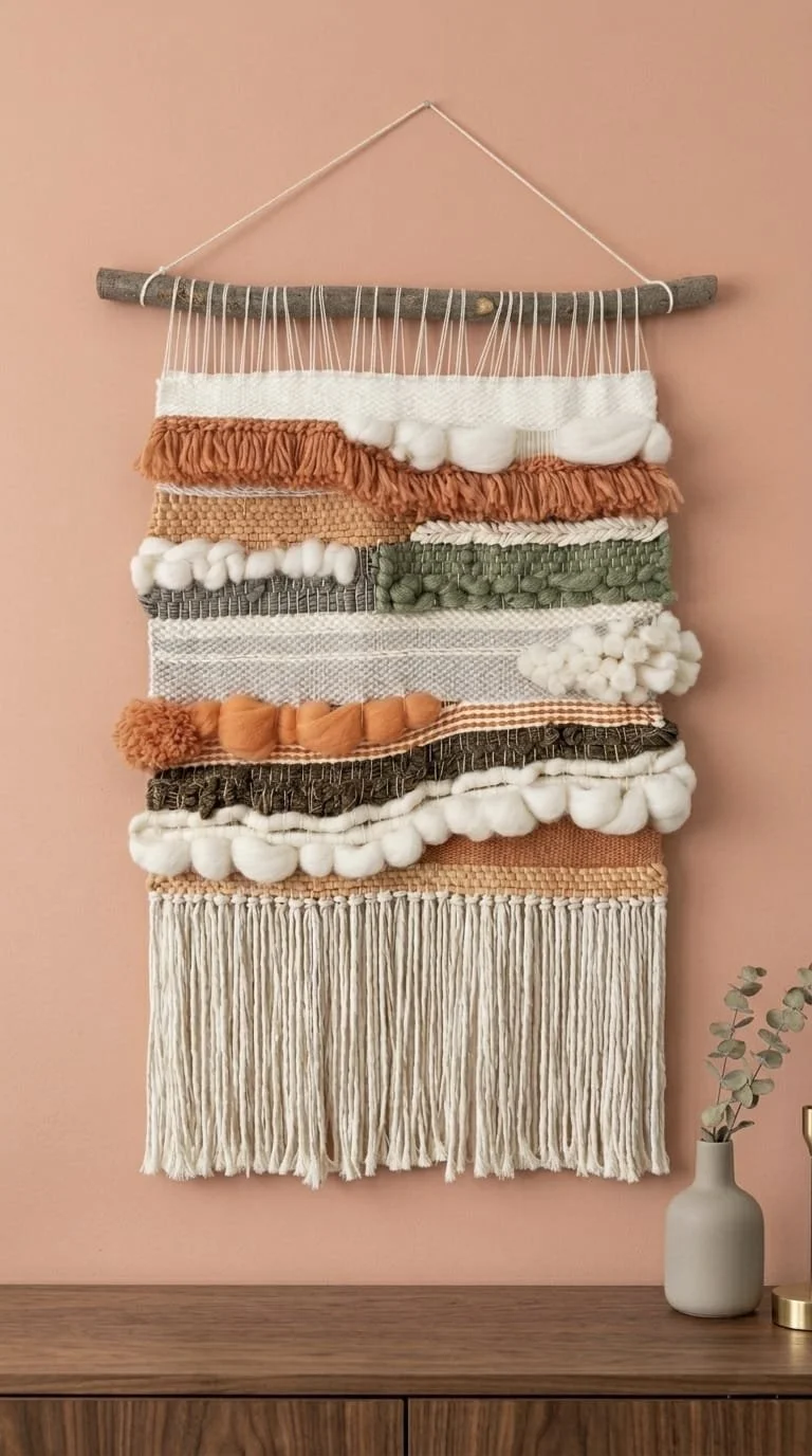 Colorful woven wall hanging with various textured fabric strips, trimmed with beige tassels, hung on a pink wall above a wooden surface with a small vase containing eucalyptus branches.