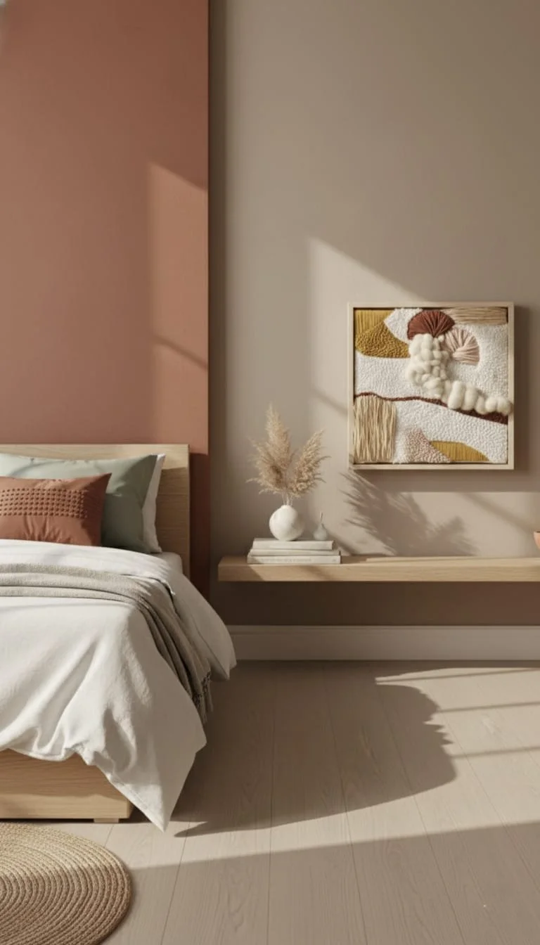 A bedroom corner with a bed, decorative pillows, a wall art piece  in mixed techniques: punch needle, embroidery and weaving, and a vase with pampas grass on a floating shelf.