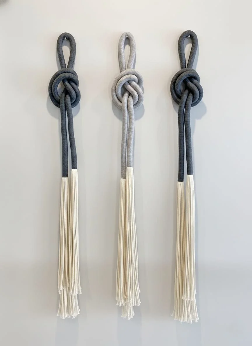 Three decorative wall hooks made of thick, knotted ropes hanging on a plain wall, with the ropes ending in long, cream-colored tassels.