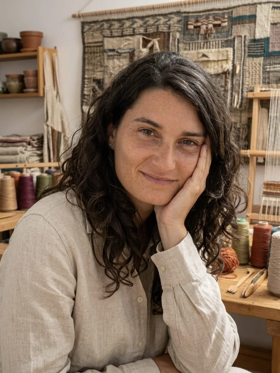 A woman with curly dark hair and freckles, resting her face in her hand, sitting in a craft or weaving studio with yarn spools and woven textiles in the background.