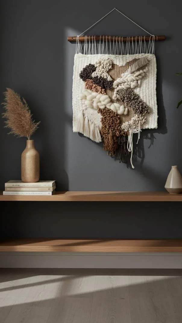 Decorative wall hanging with textured yarn in neutral tones on a wooden rod, displayed on a dark gray wall, accompanied by minimalist vases and a few books on a wooden shelf.