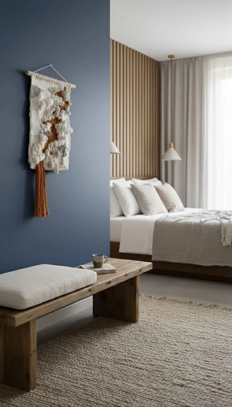 A cozy bedroom with a minimalist design. It features a wooden bench with a cushion, a white cup, and a book, next to a textured beige rug. The bed has white linens and pillows, with a wood-paneled headboard, and is illuminated by natural light from a