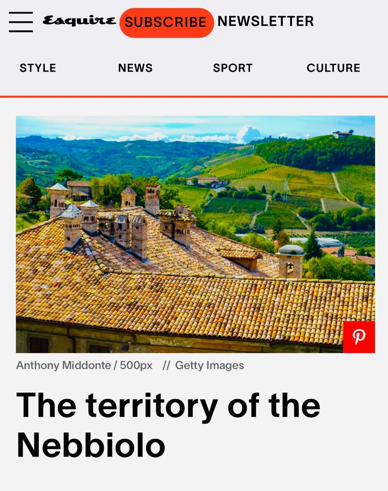 A scenic view of rolling green hills with vineyards, and rooftops with terracotta tiles in the foreground, under a partly cloudy sky.