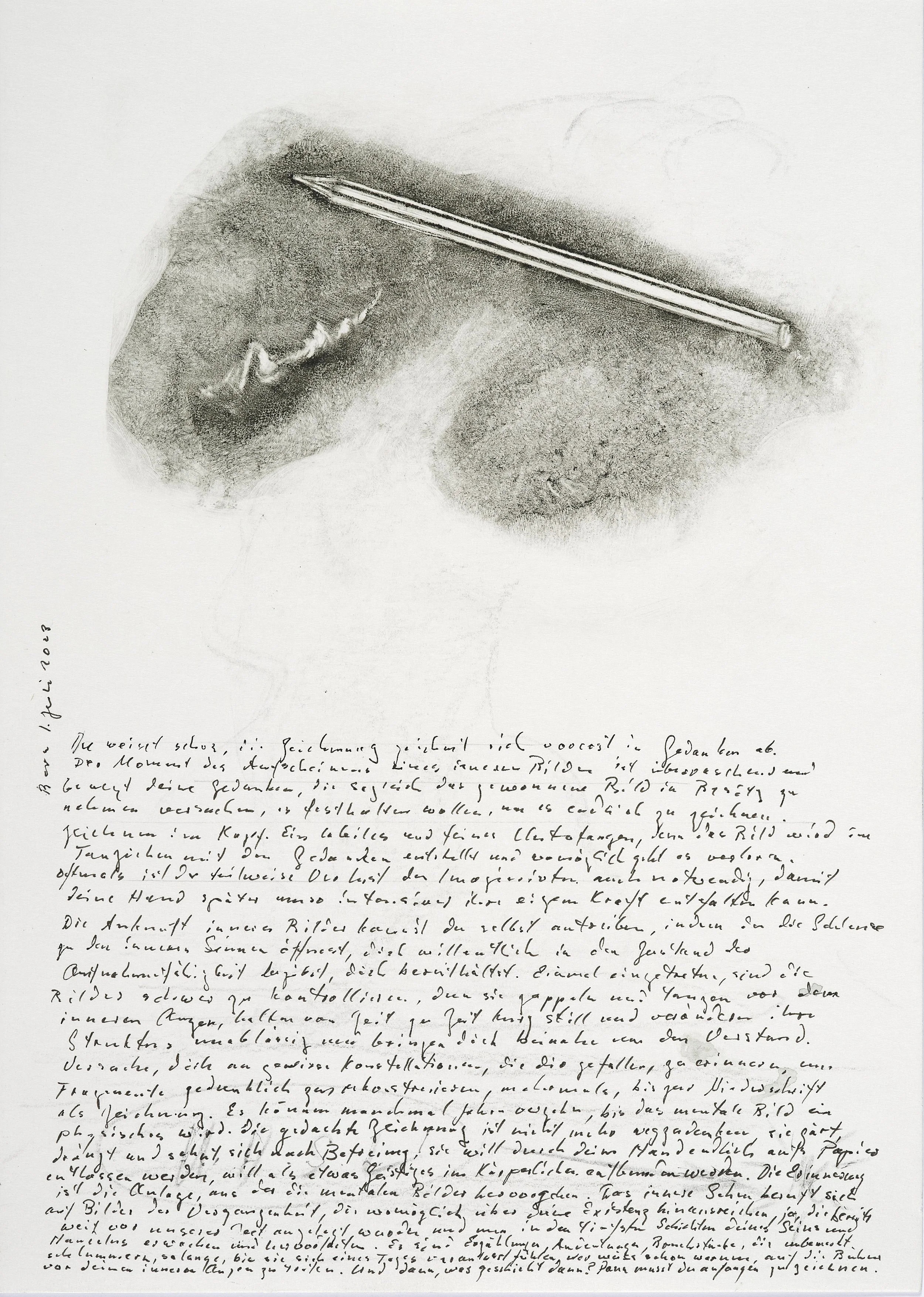 A pencil sketch of a sword on a textured background, accompanied by handwritten text in German.