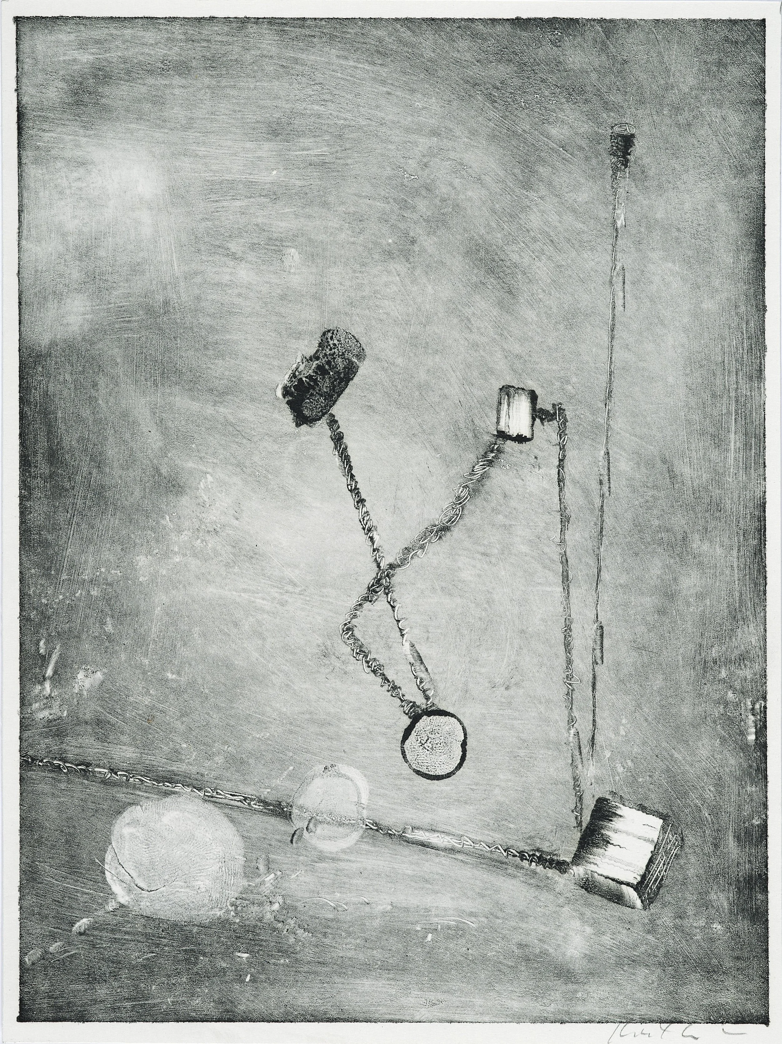 A black and white photo of industrial objects, including a chain, a cylindrical object, a square block, and spherical shapes, arranged in an abstract manner.