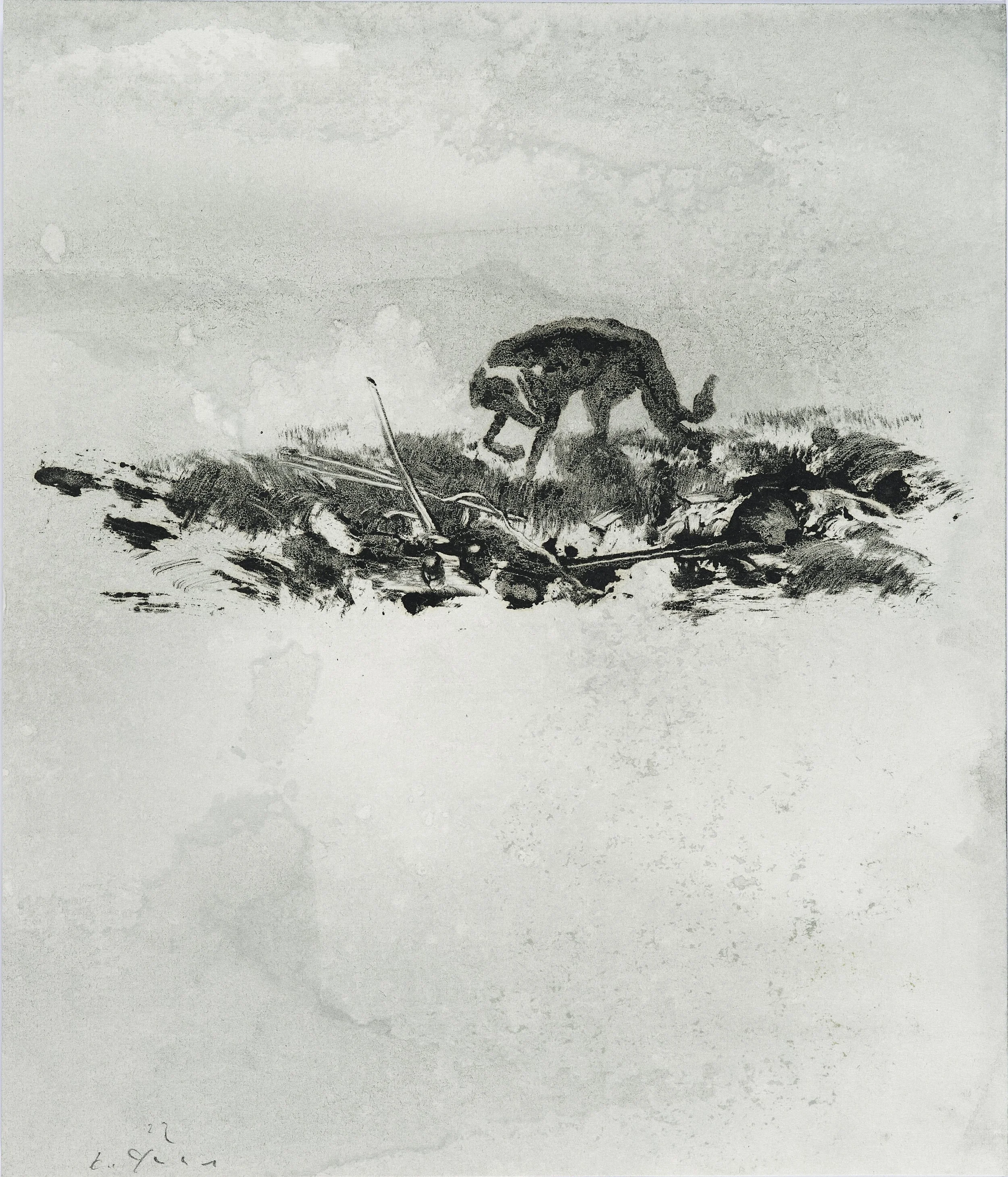 A black and white watercolor painting depicting a dog sniffing the ground near a pile of animal skulls and bones on a grassy field.