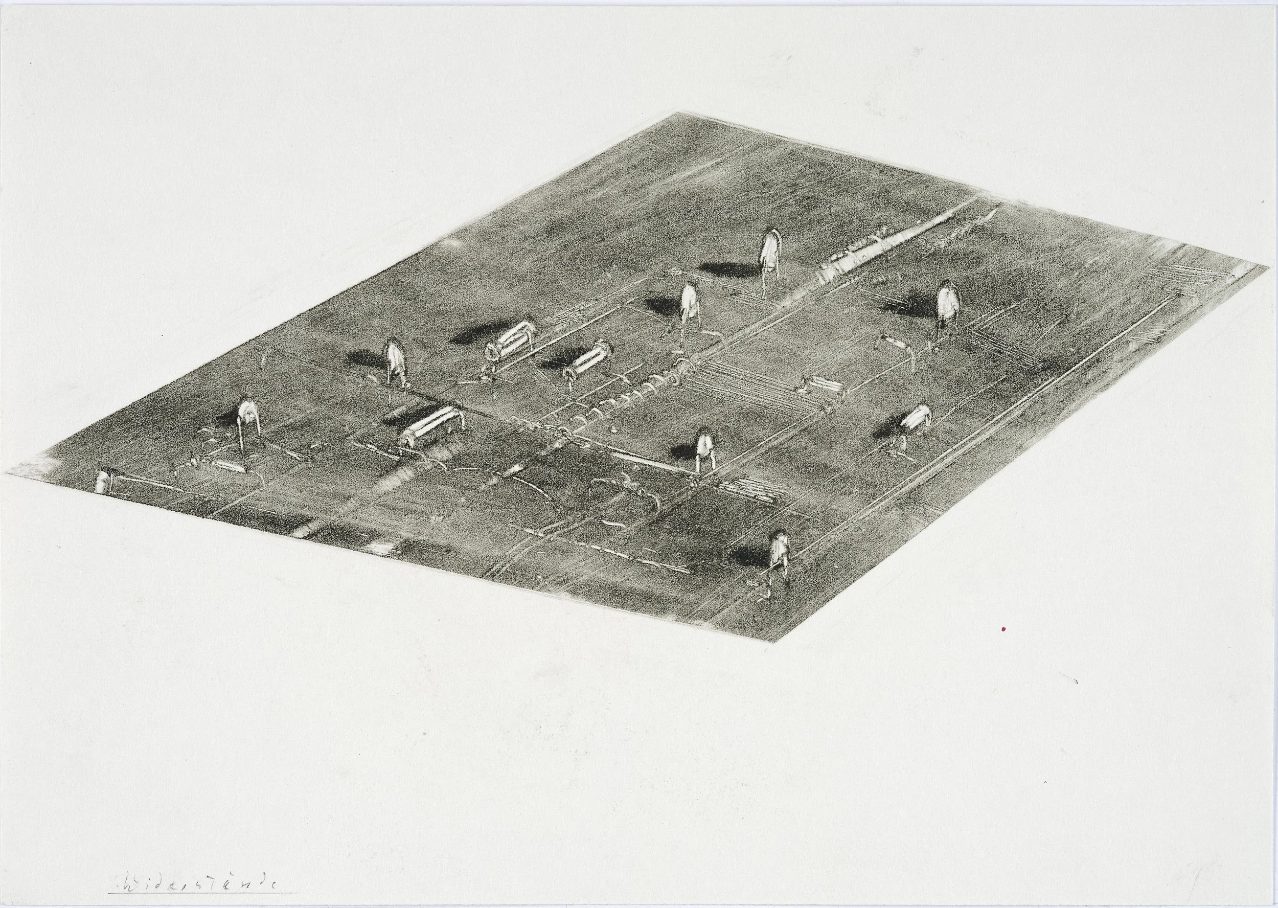 A blueprint or architectural drawing of a building layout with various rooms, corridors, and structural elements, including marked areas for doors and windows.