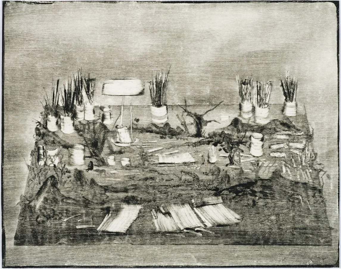 A monochrome illustration of a cluttered desk with potted plants, a lamp, books, and decorative objects, over a textured background.