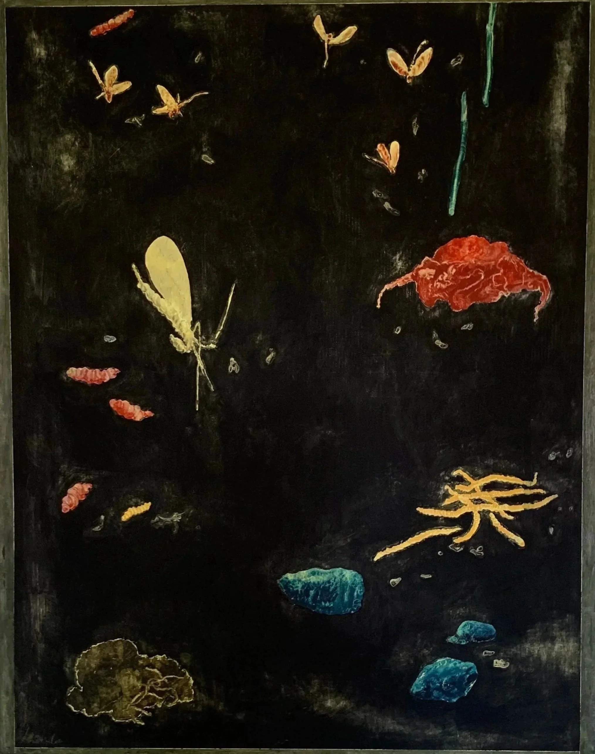A black background with various insects and small creatures painted in bright colors, including butterflies, caterpillars, and other insects.