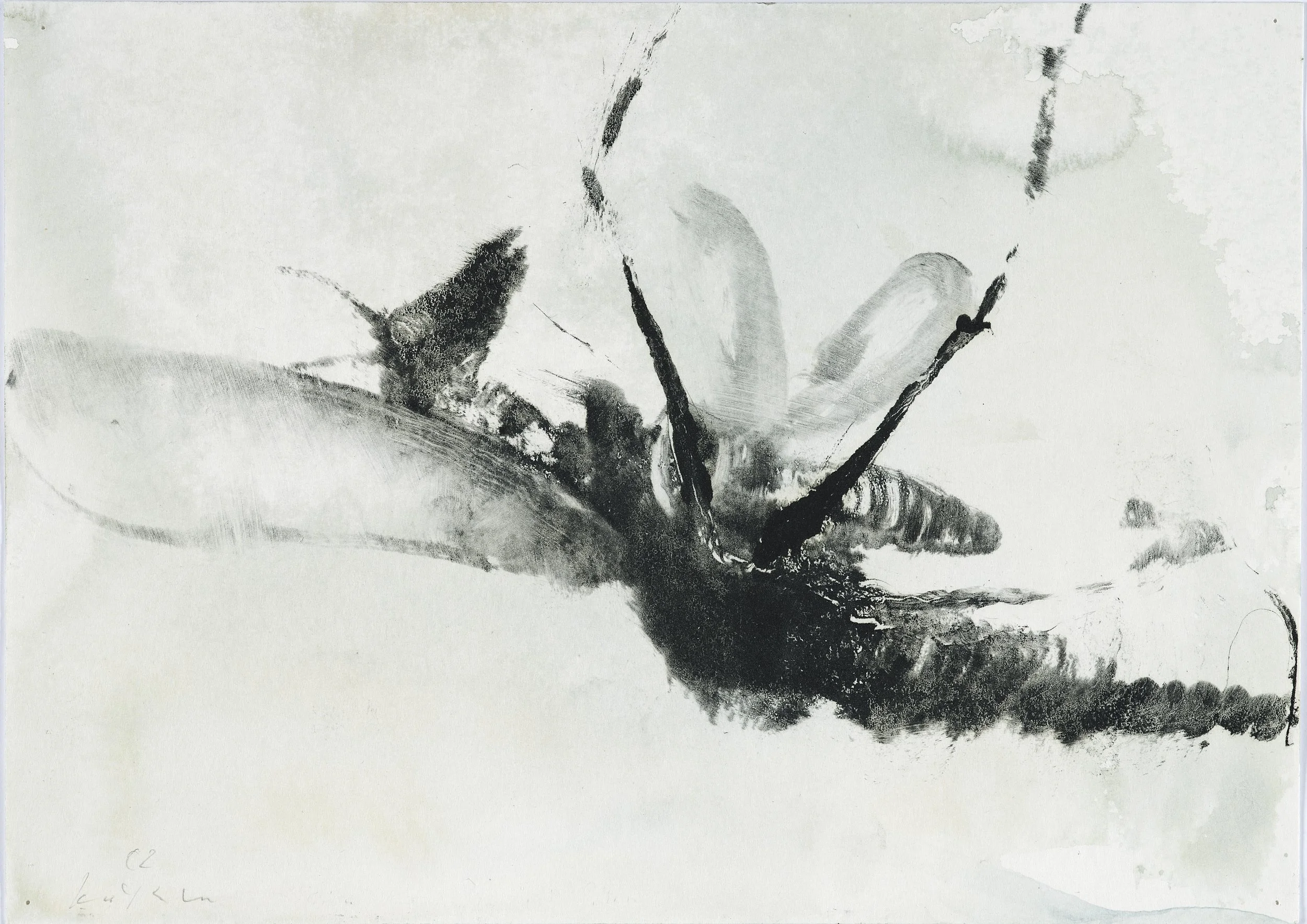 Black and white abstract painting of a bee on a flower.