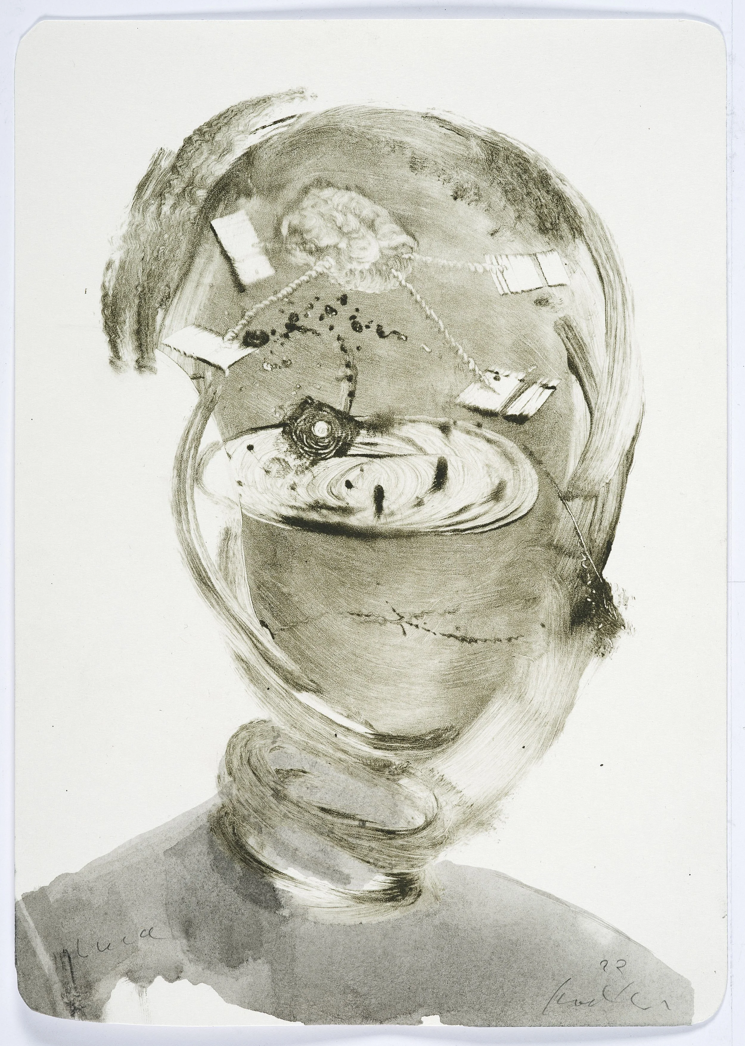 A black and white surreal portrait of a person's face with an open mouth, revealing swirling shapes inside, with objects and details blending into the face, including a lion, books, and abstract patterns.