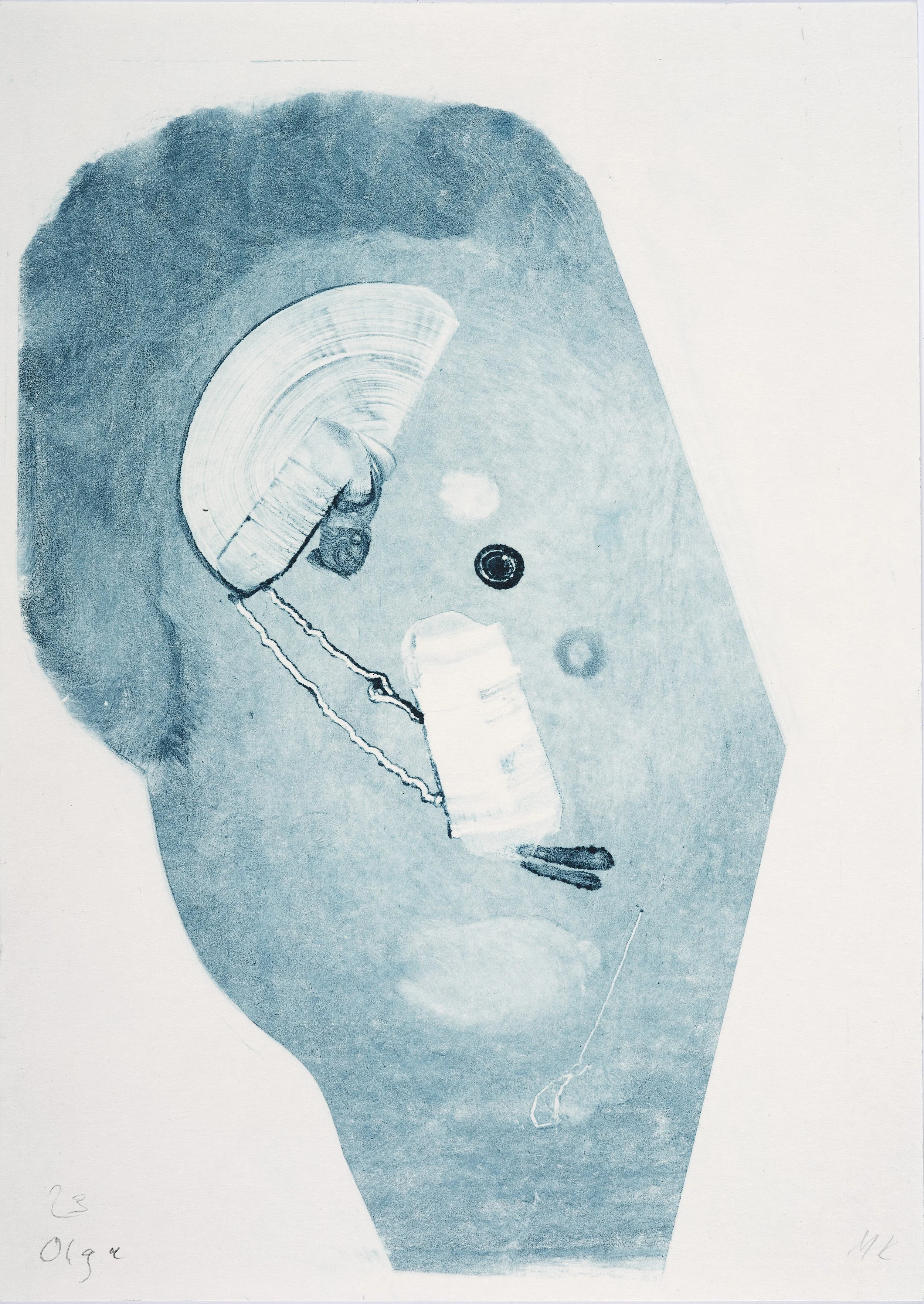 An abstract artwork of a human face with mechanical and geometric elements, including a large semi-circular shape over an eye, and various lines and shapes on the face, all in a monochromatic blue tone.