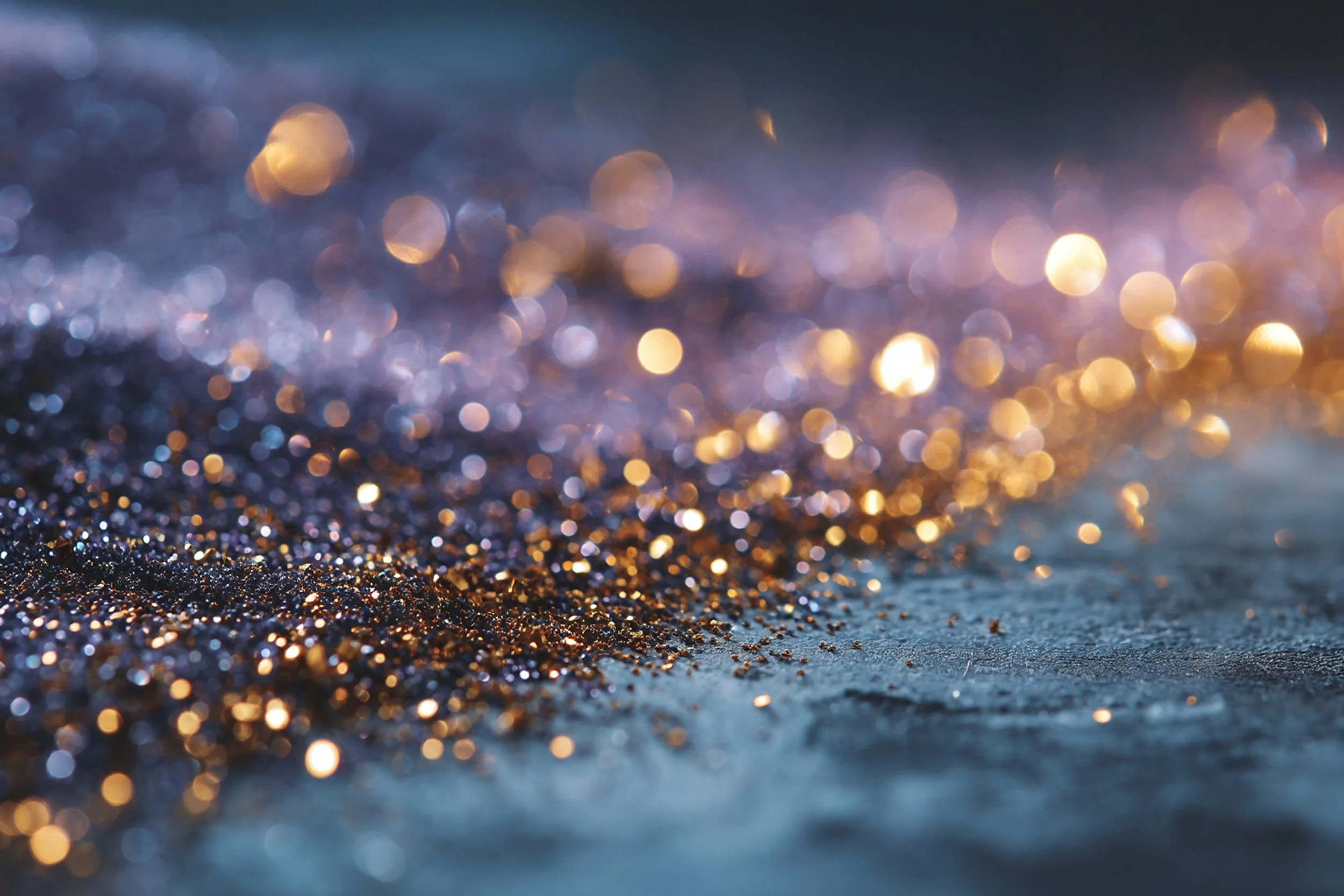Nahaufnahme von glitzerndem Sand in verschiedenen Farben mit bunten Lichtern im Hintergrund, unscharf.