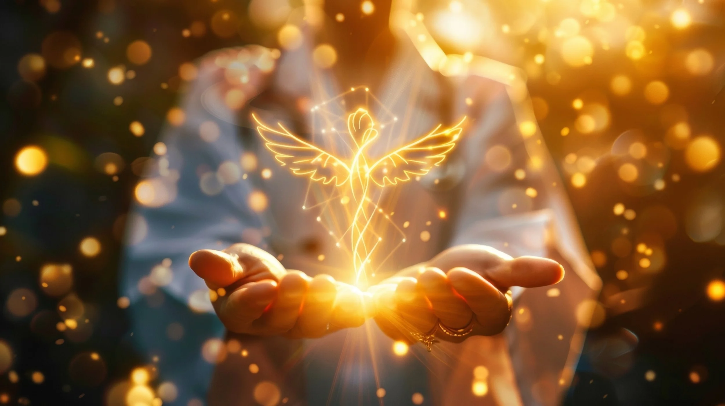 Hände halten eine leuchtende, glühende Figur eines Vogels, umgeben von schimmernden Lichtern und Funken, die einen magischen oder inspirierenden Moment darstellen.