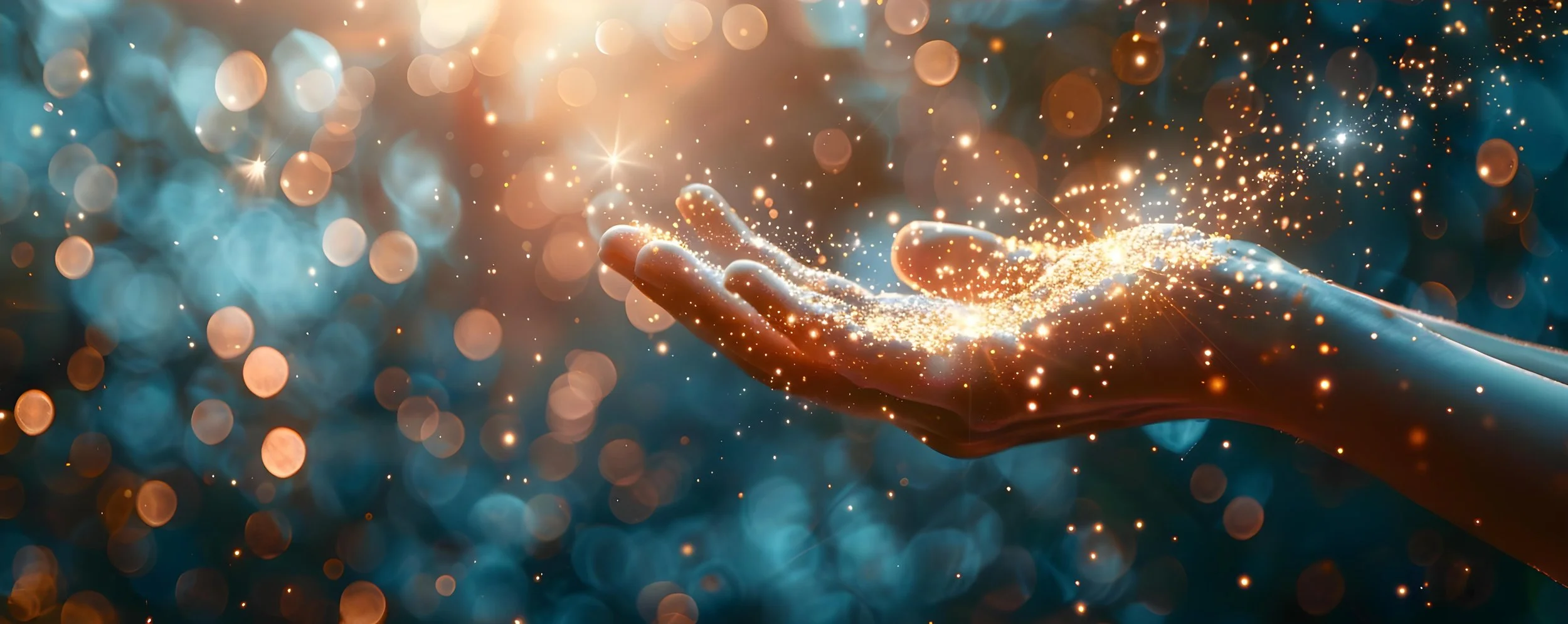 Ein Hand hält leuchtende Glasfasern, die in der Luft schweben, mit funkelnden Lichter und Bokeh-Hintergrund.