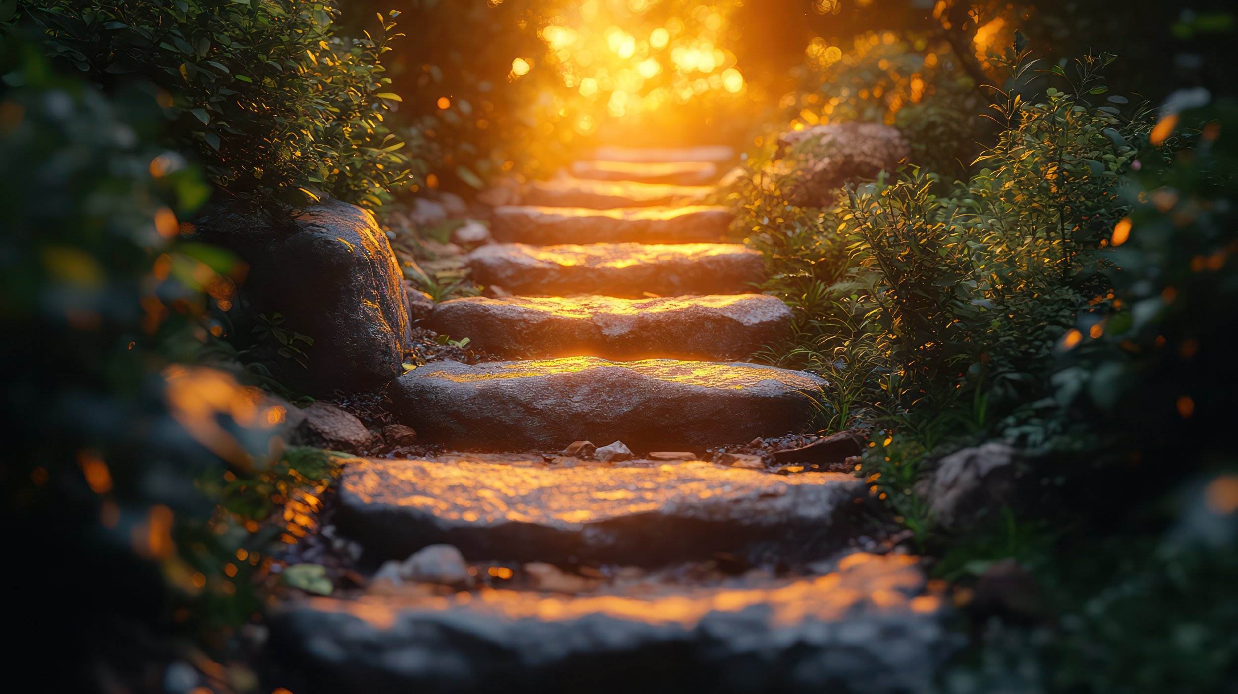 Ein Steintreppe, die in sanftes Sonnenlicht getaucht ist, umgeben von grünen Büschen und Sträuchern bei Sonnenuntergang.