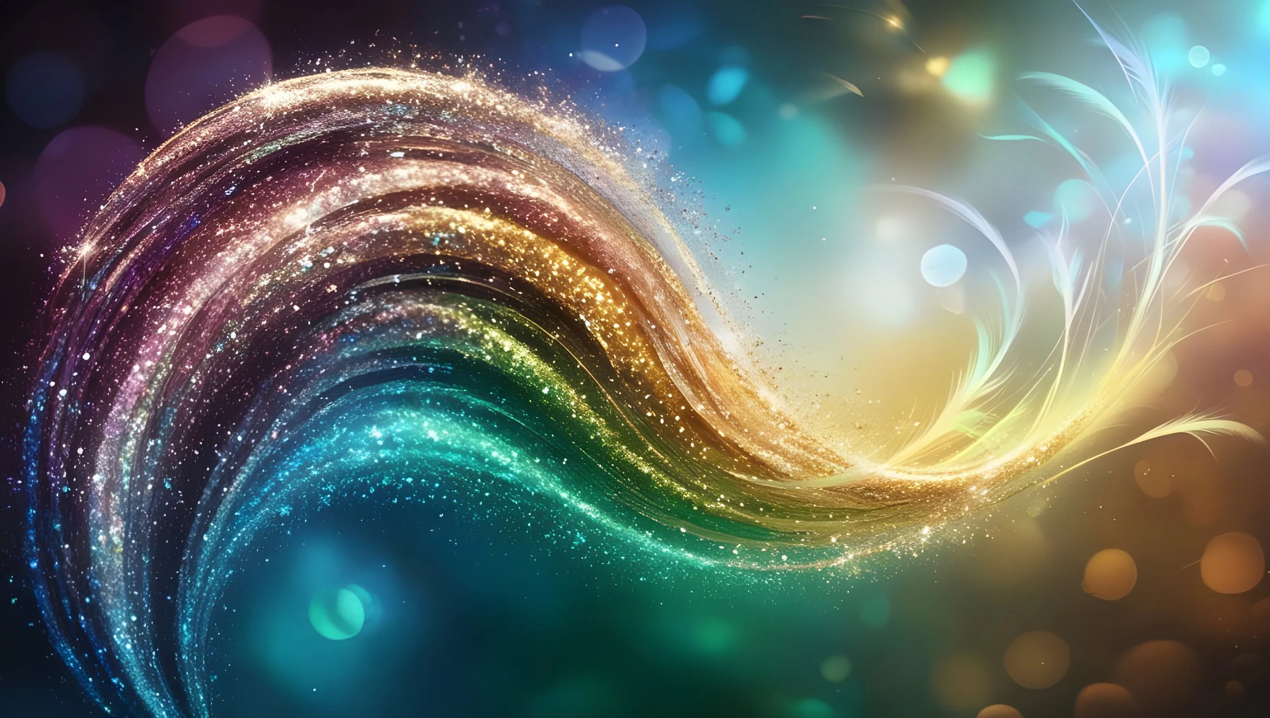 Bunter, leuchtender Wirbel aus funkelnden Lichtern, Farben und Lichtstrahlen, die spiralförmig nach oben verlaufen.
