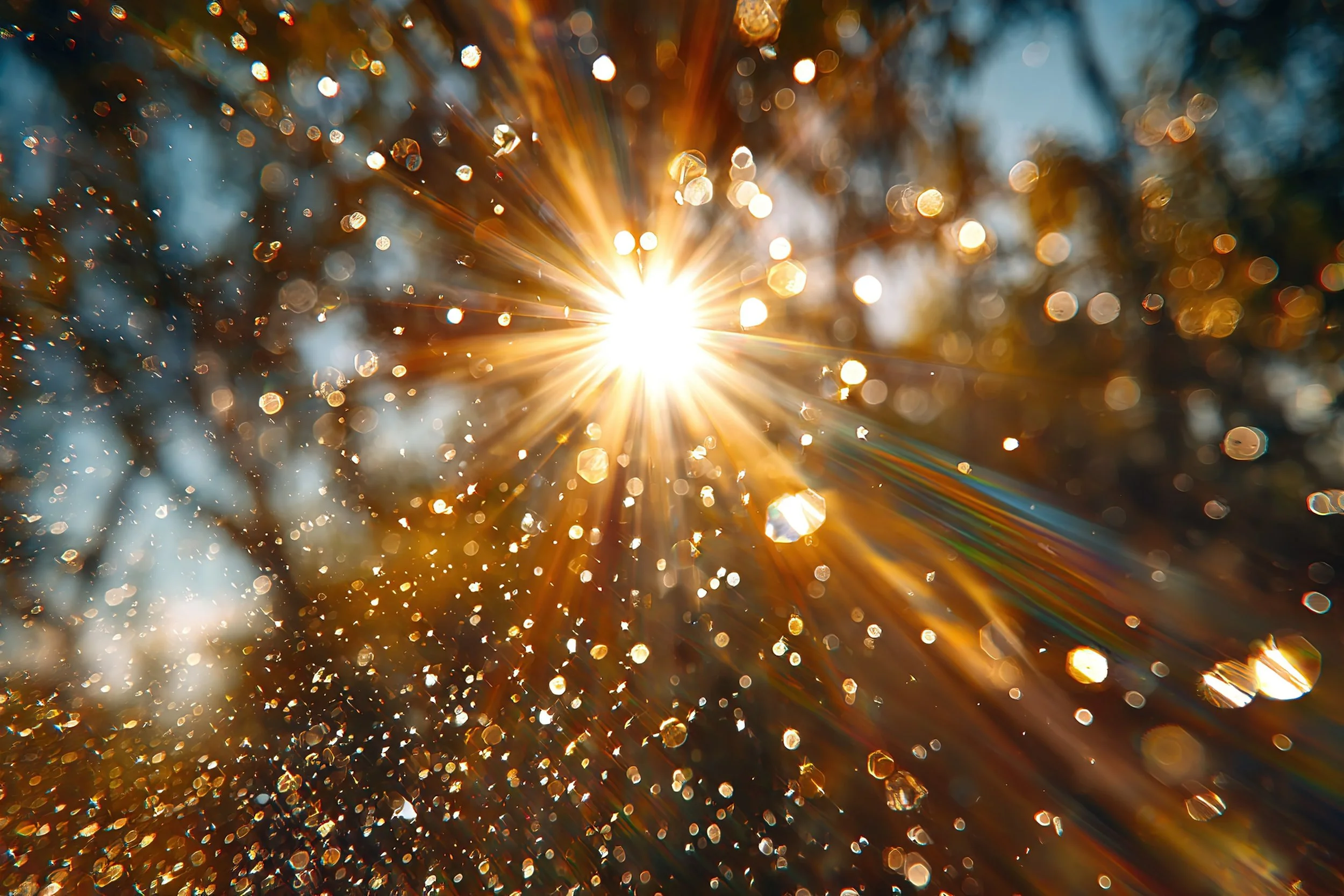 Sonnenstrahlen brechen durch Regentropfen, die an einem blauem Himmel haften, erzeugen leuchtende Lichtpunkte und einen Regenbogeneffekt.