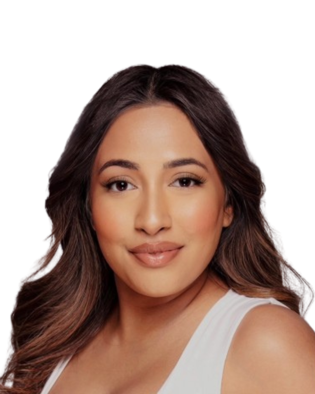 Portrait of a woman with long, wavy brown hair, light makeup, and a white top, smiling gently against a plain white background.