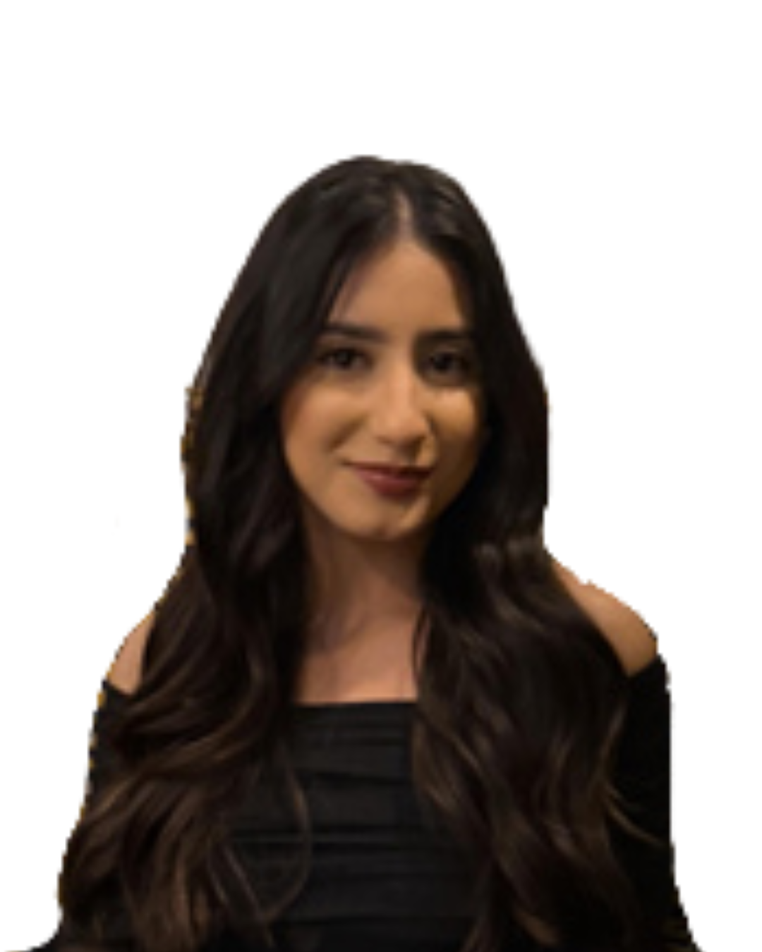 A woman with long dark hair, wearing a black top with shoulder cutouts, is smiling at the camera against a white background.