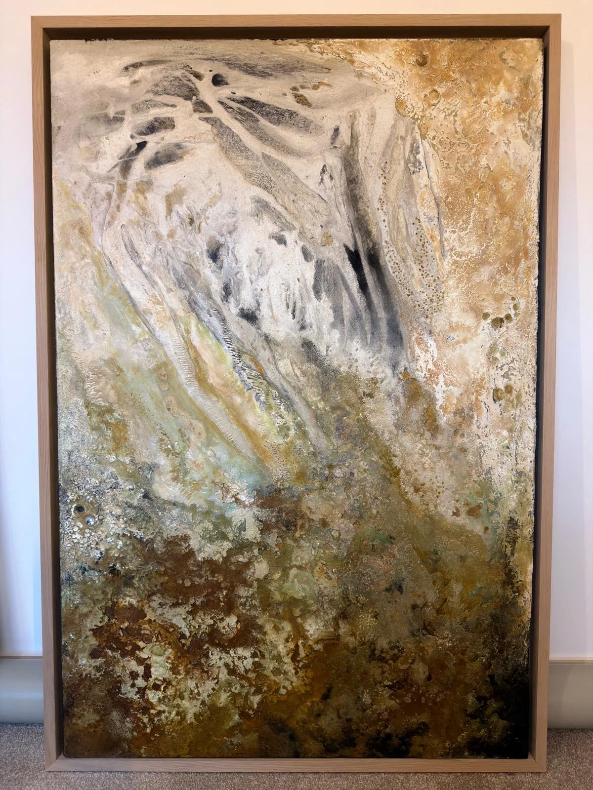 Primordial Breath,
Mixed Media on Canvas board, Cement and Acid Stain,
85 x 127cm [framed in natural oak]
2026