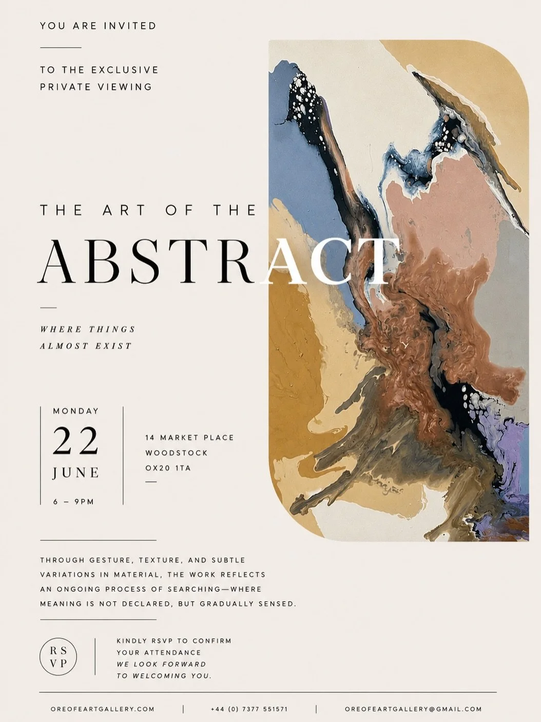 📢 ATTENTION PLEASE!! 📢 

We are BACK in Woodstock on 22nd June and would LOVE FOR YOU TO join us for an exclusive evening as we officially open The Art Of The Abstract group exhibition.

Featuring works by Claire Hankey, Rory A. Jones, Jessica Elli
